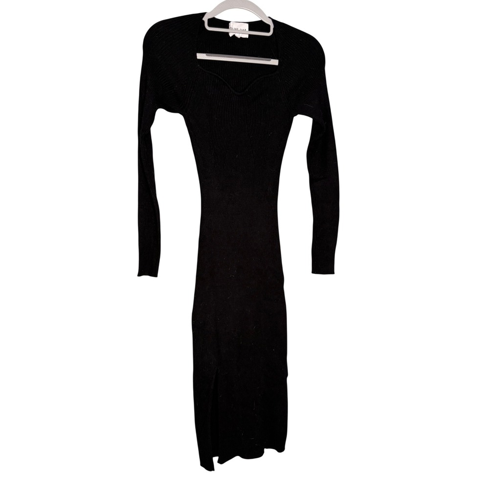 Olive + Oak ribbed long sleeve black midi dress
